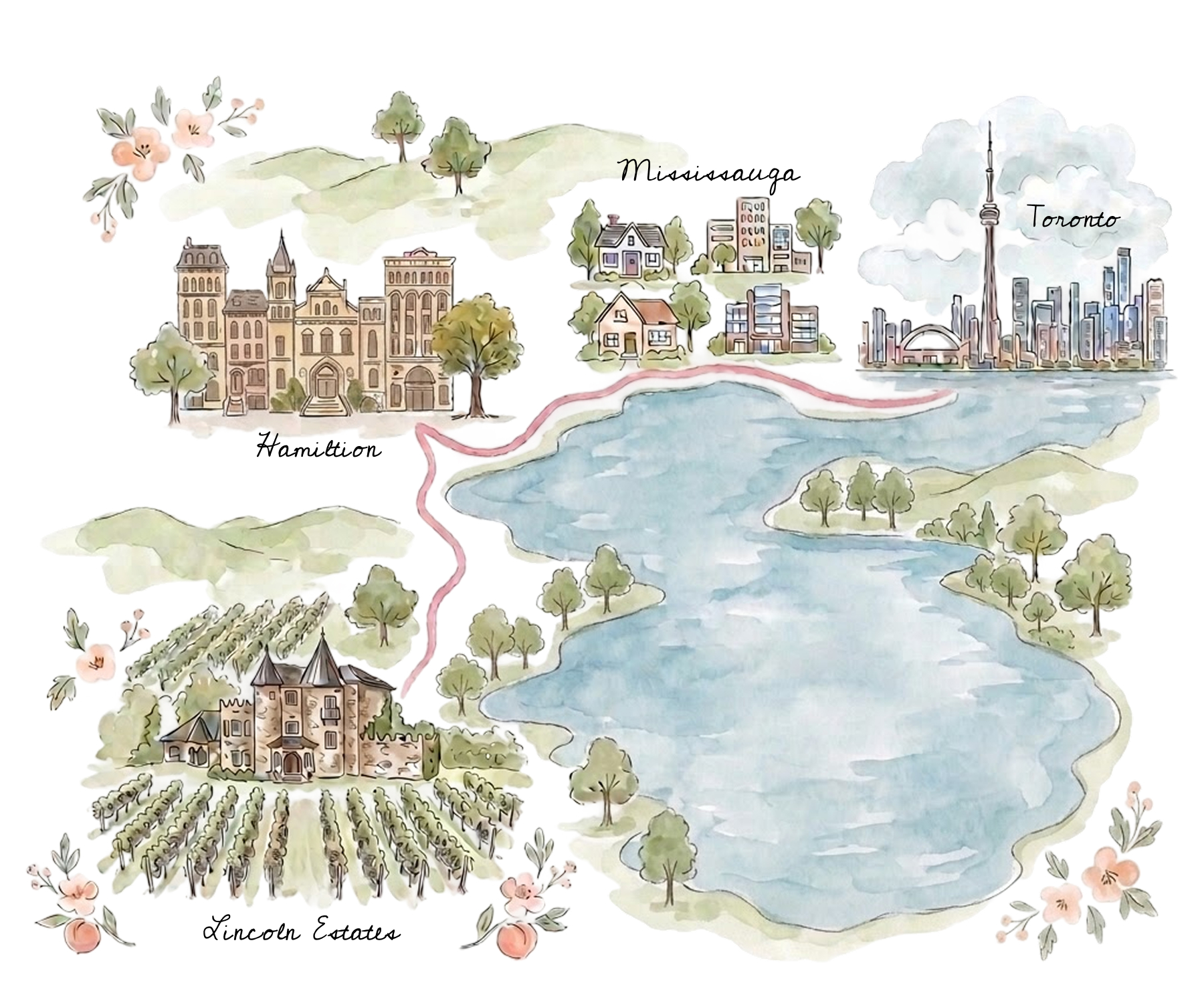 Illustrated map showing Lincoln Estates, Hamilton, Mississauga and Toronto